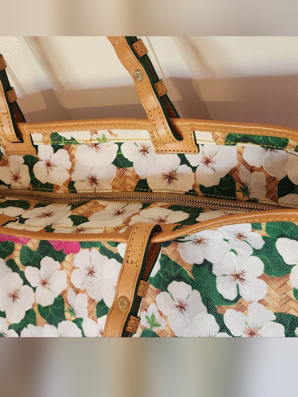 DOONEY & BOURKE NEW Coated Cotton Pansy Shopper Tan Leather Straps - Picture 4 of 15